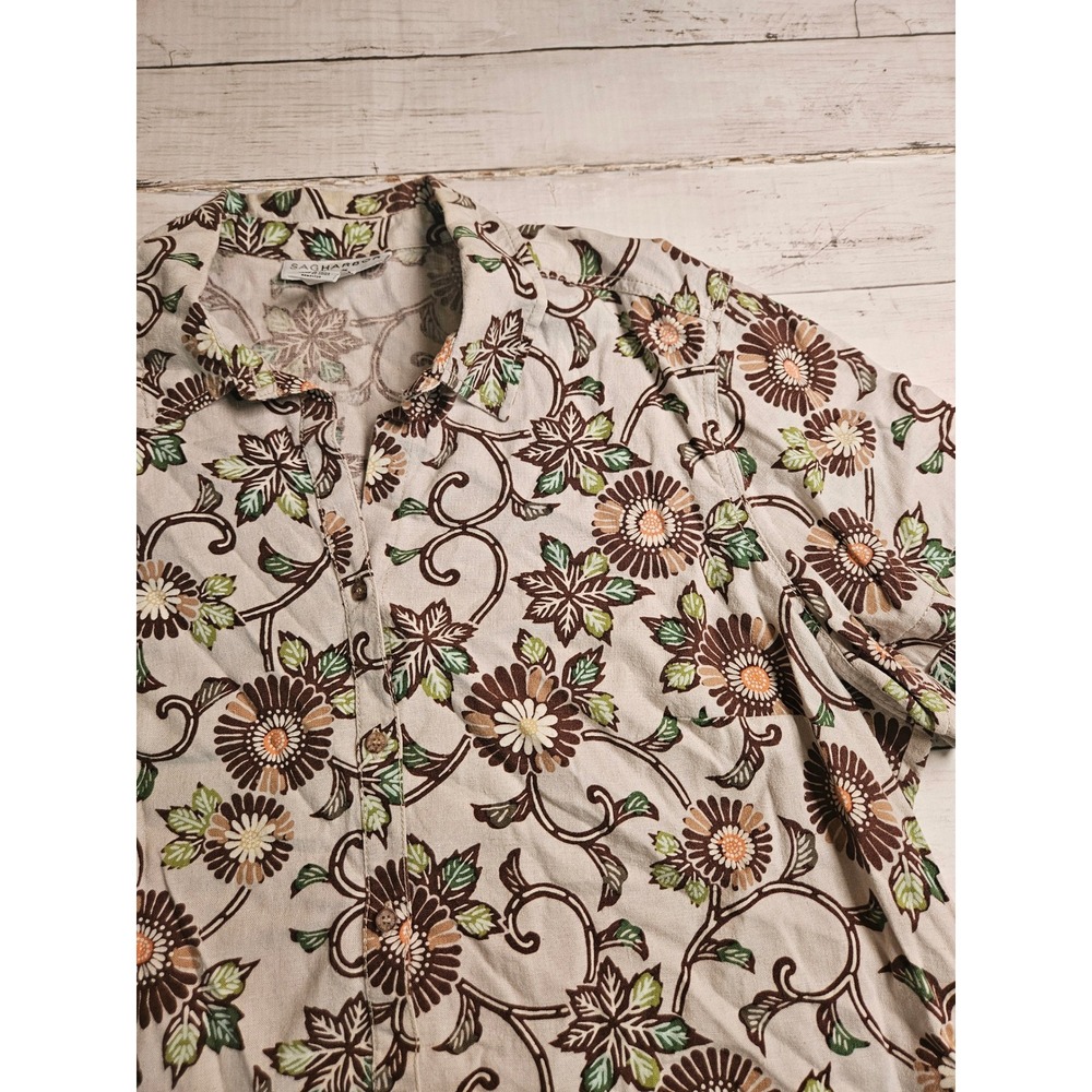 Sag Harbor Women's Linen Blend Floral Button Down Shirt Brown Green 1X Plus Size
